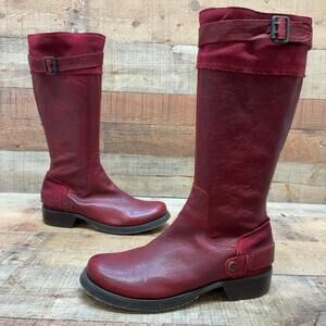 London Underground Boots Womens Size 8.5 39 Red Leather Knee High Riding Buckle